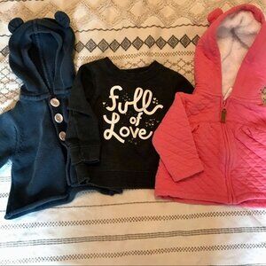 Baby Toddler Girl Sweater Hoodie Zip-Up Bundle of 3. 6-12 Months. Bear Ear Hoods